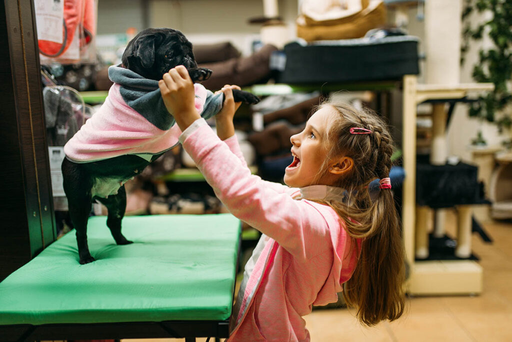 little girl try on clothes for puppy in pet shop PPRNUMX